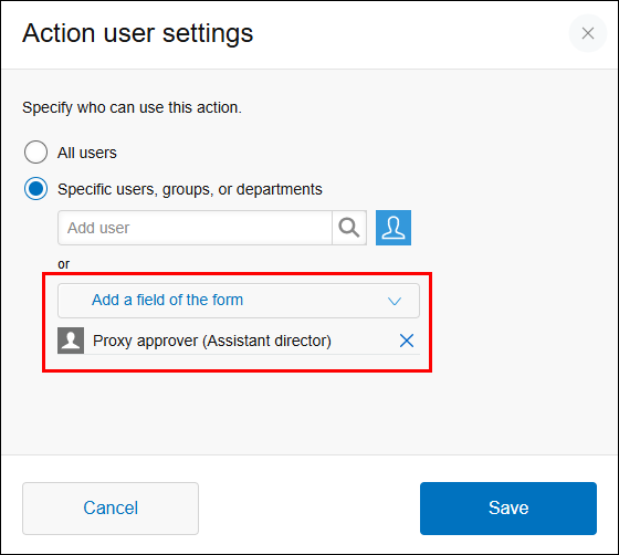 Screenshot: The user specified to be able to perform an action usable by non-assignees is highlighted