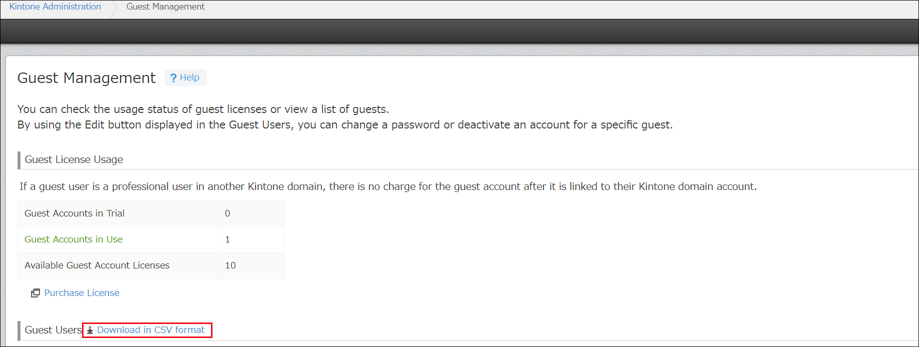 Screenshot: "Download in CSV format" on the "Guest management" screen is outlined in red