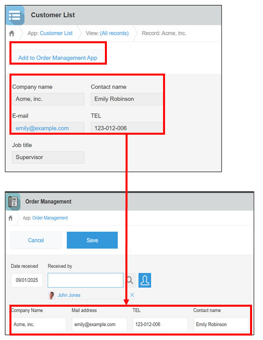 Screenshot: An action button is highlighted along with fields that were copied using it