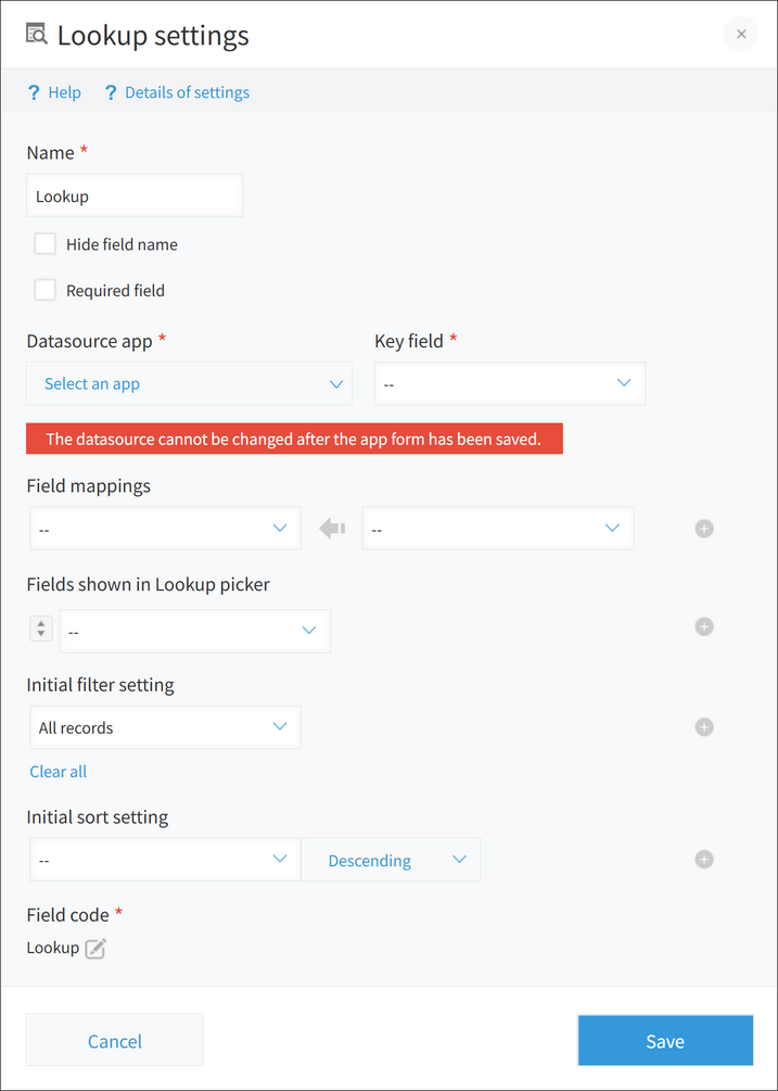 Screenshot: The settings screen of a "Lookup" field