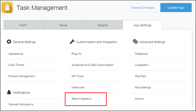 Screenshot: "Slack Integration" is outlined on the "App settings" tab