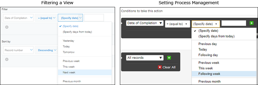Example of options displaying "Next week" and "Following week"