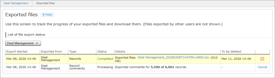Screenshot: The "Exported files" screen is displayed