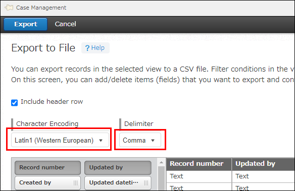Screenshot: Specifying character encoding and delimiter
