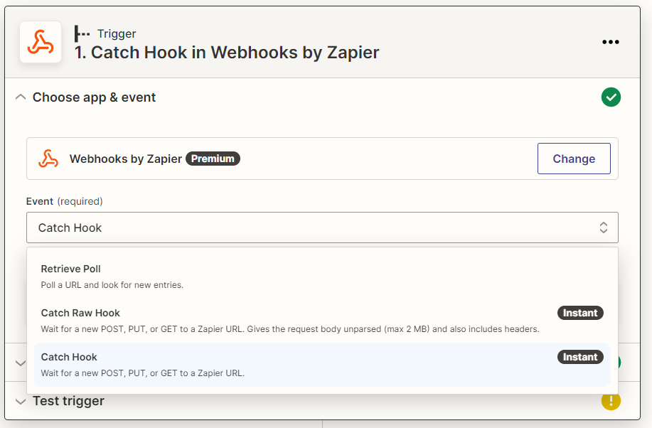 Screenshot: Selecting "Catch hook"