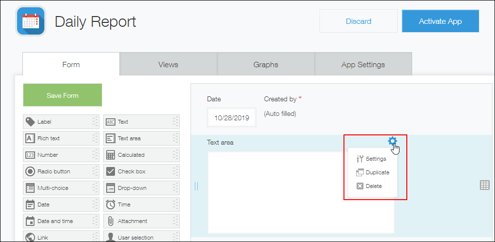 Screenshot:The settings menu of a field is outlined