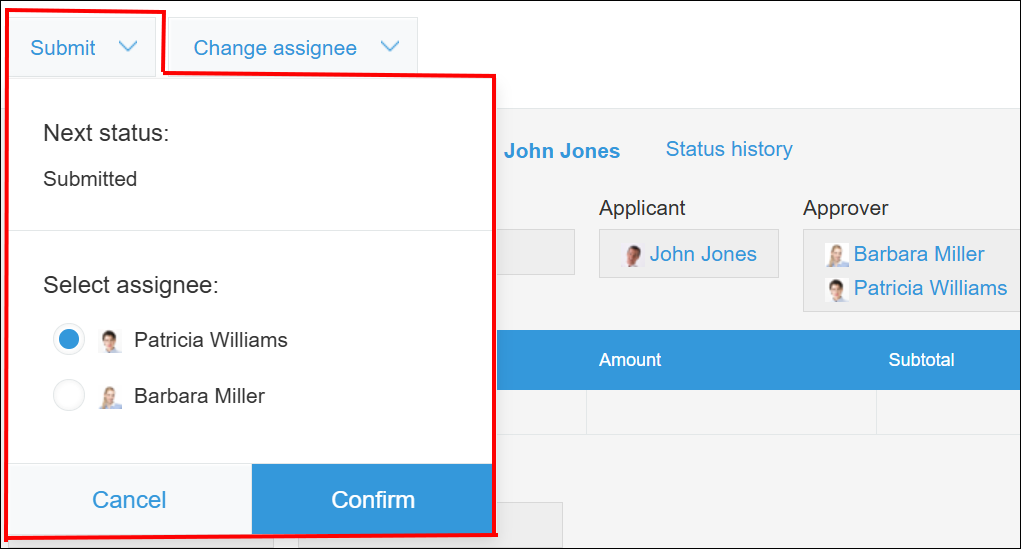 Screenshot: Changing a status on the "Record Details" screen