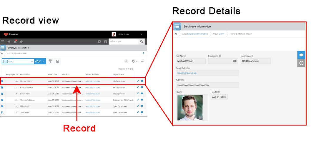 An app's "View" screen and a "Record details" screen are displayed