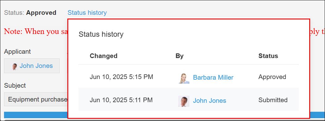 Screenshot: "Status history" is highlighted on the "Record details" screen