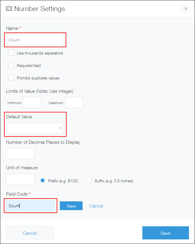 Screenshot: The "Name", "Default value", and "Field code" fields are highlighted on the "Number settings" screen