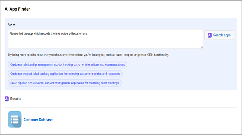 Screenshot: The AI App Finder screen showing search results