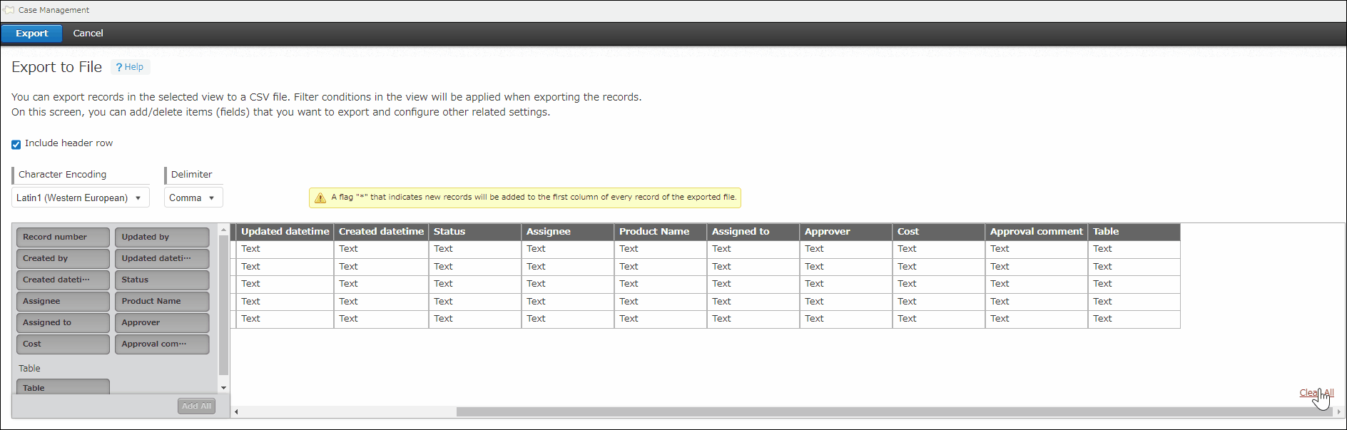 Screenshot: Clearing all the added items by clicking "Clear all"