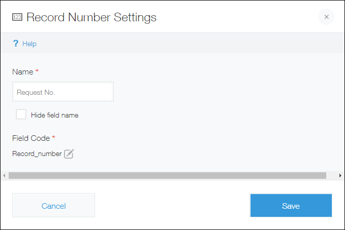 Screenshot: The settings screen of a "Record number" field