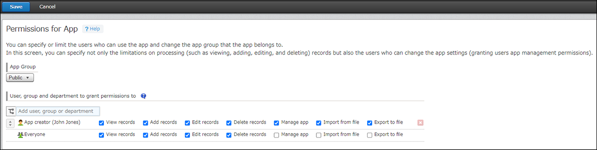 Screenshot: the screen where the "Permissions for app" setting is configured in accordance with the table below