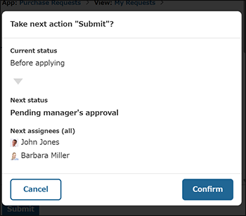 Screenshot: The confirmation screen for moving a process forward is displayed