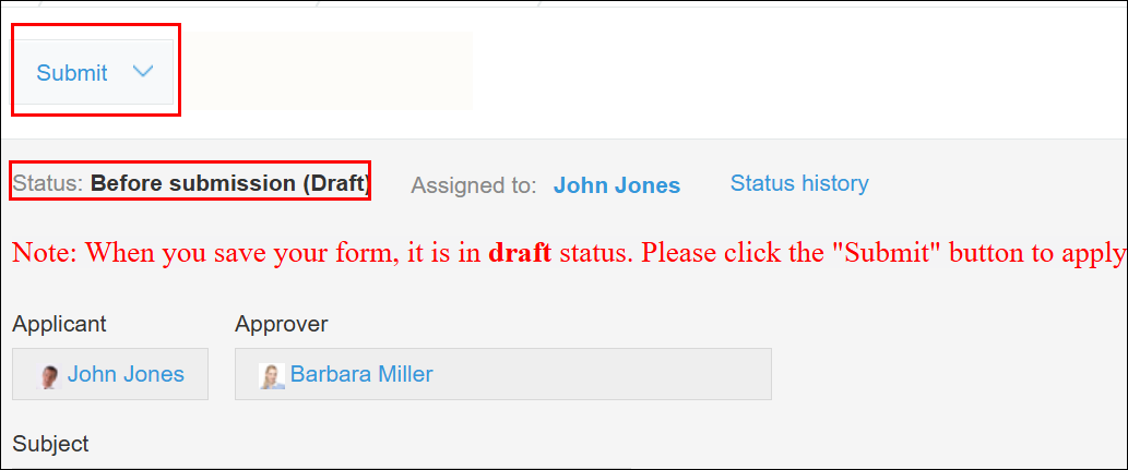Screenshot: The first status of a workflow is displayed on the "Record details" screen