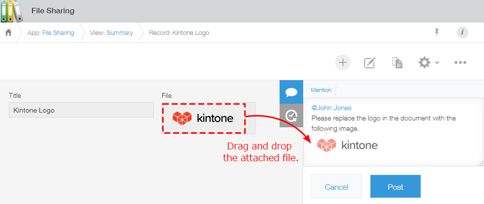 Screenshot: An attached file is being dragged onto the record's comment field