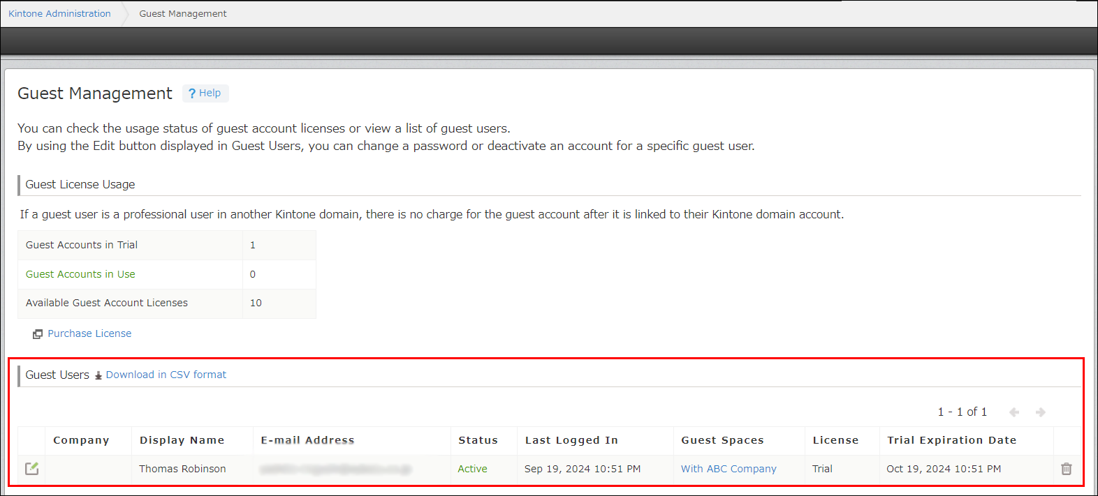 Screenshot: The "Guest users" list outlined in red on the "Guest management" screen
