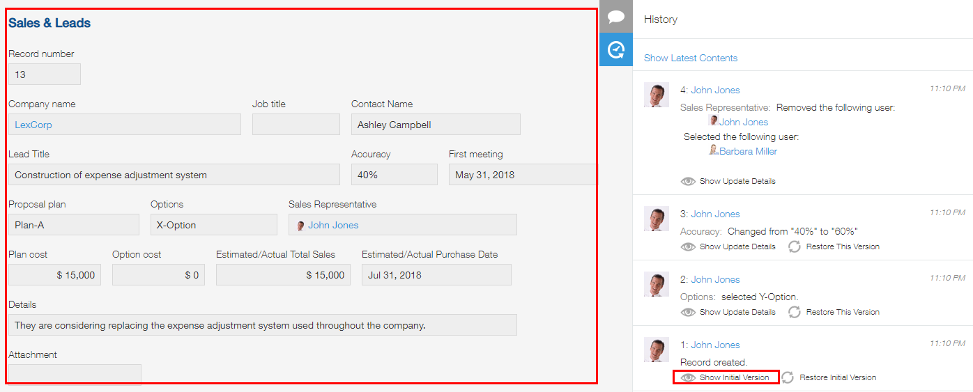 Screenshot: Screen that appears when "Show initial version" is clicked