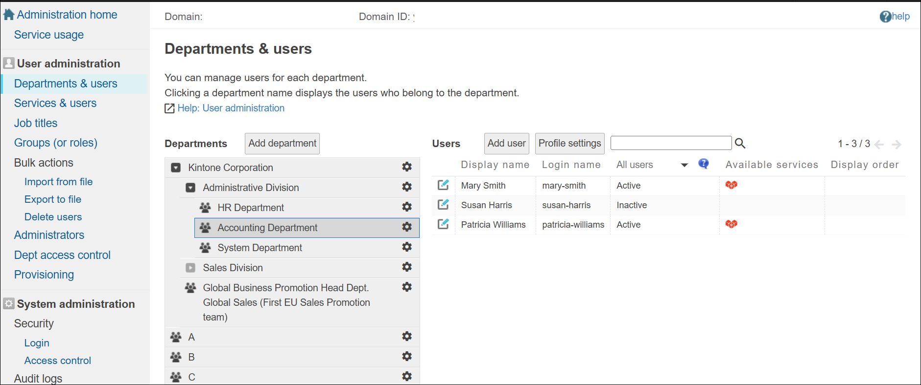 Screenshot: The screen of Users & system administration