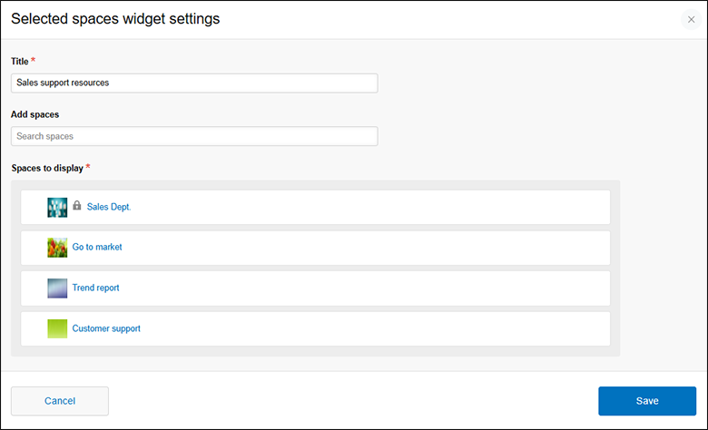 Screenshot: The "Selected spaces widget settings" screen
