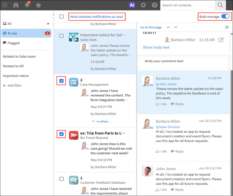 Screenshot: Marking multiple notifications as read in bulk