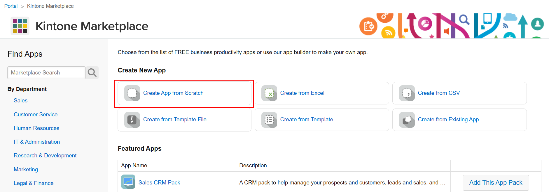 Screenshot: The "Create app" icon is highlighted