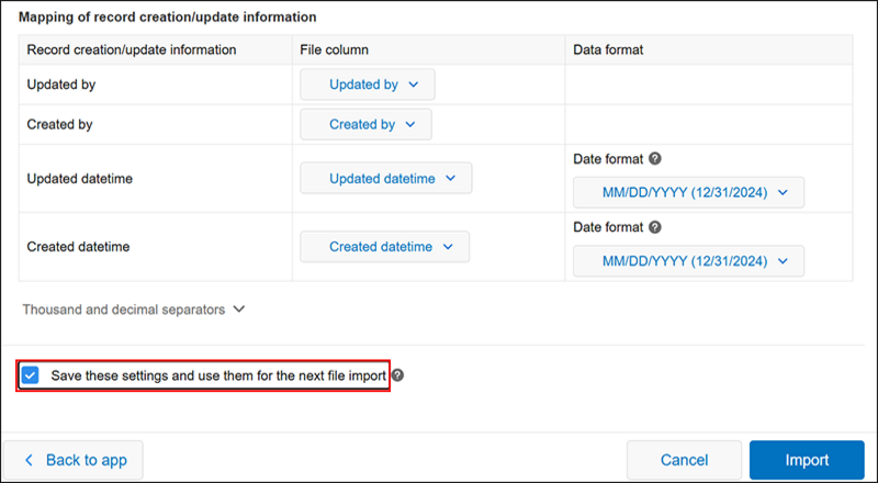 Screenshot: "Save these settings and use them for the next file import" is highlighted