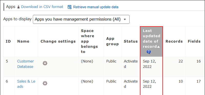 Screenshot: The "Last updated date of record" column is highlighted with apps sorted in ascending order (from oldest to newest)