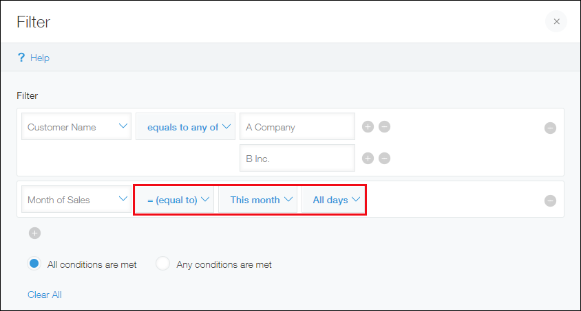 Screenshot: Specifying filter conditions