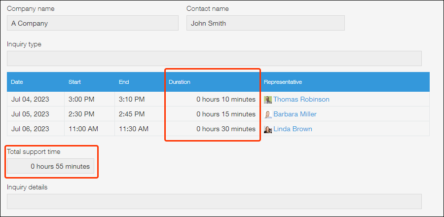 Screenshot: A record where the sum of inquiry durations is calculated