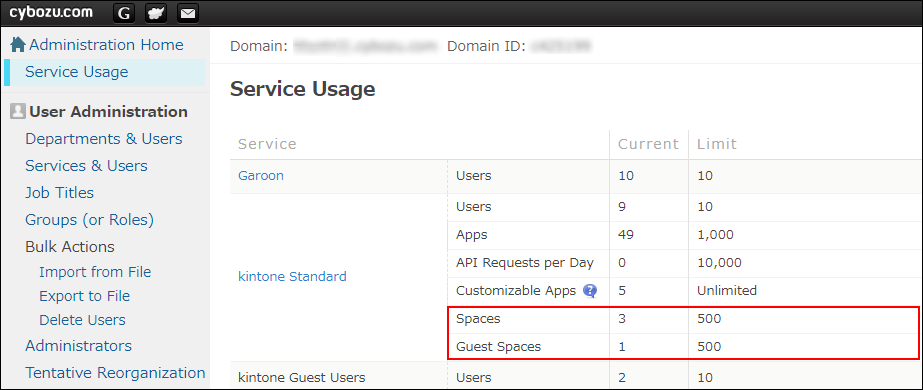 Screenshot: The number of spaces and guest spaces being used is highlighted on the "Service usage" screen
