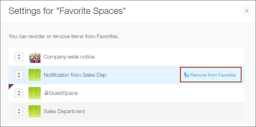 Screenshot: "Remove from favorites" to the right of a space name is highlighted