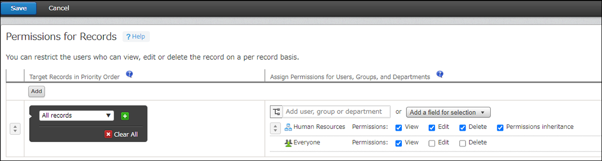Screenshot: the screen where the "Permissions for records" settings are configured in accordance with the table below