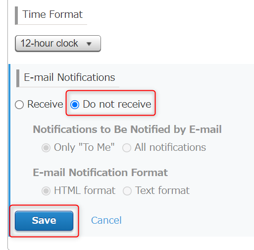 Screenshot: The "Do not receive" option and the "Save" button are highlighted in the "Email notifications" section