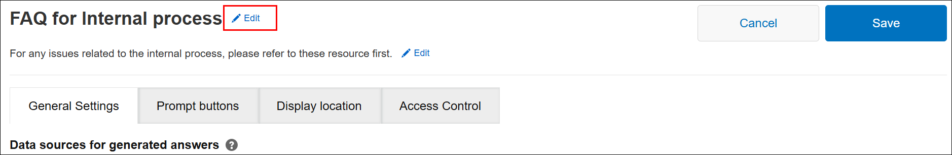 Screenshot: The "Edit" button is highlighted on the "AI Search chatbot settings" screen