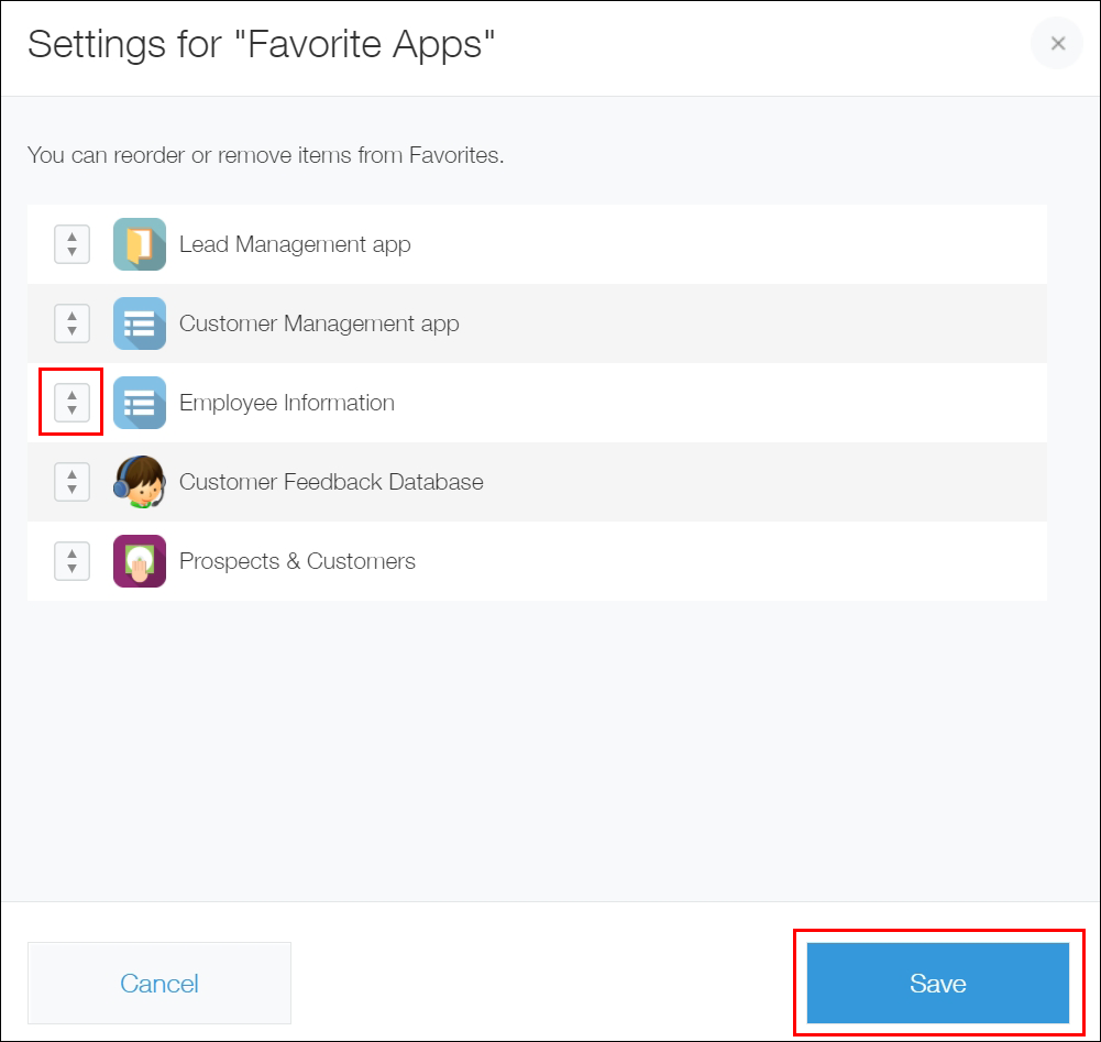 Screenshot: The reorder icon to the left of an app and the "Save" button are highlighted