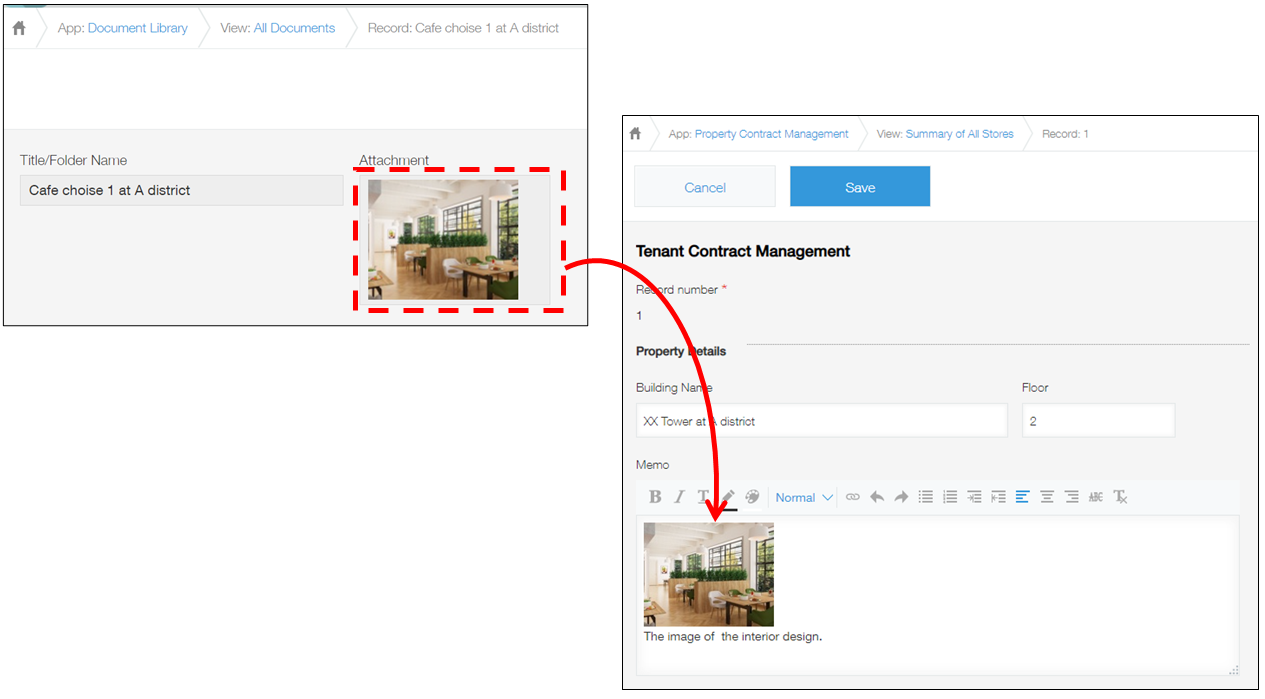 Screenshot: An attached file is being dragged onto the "Rich text" field