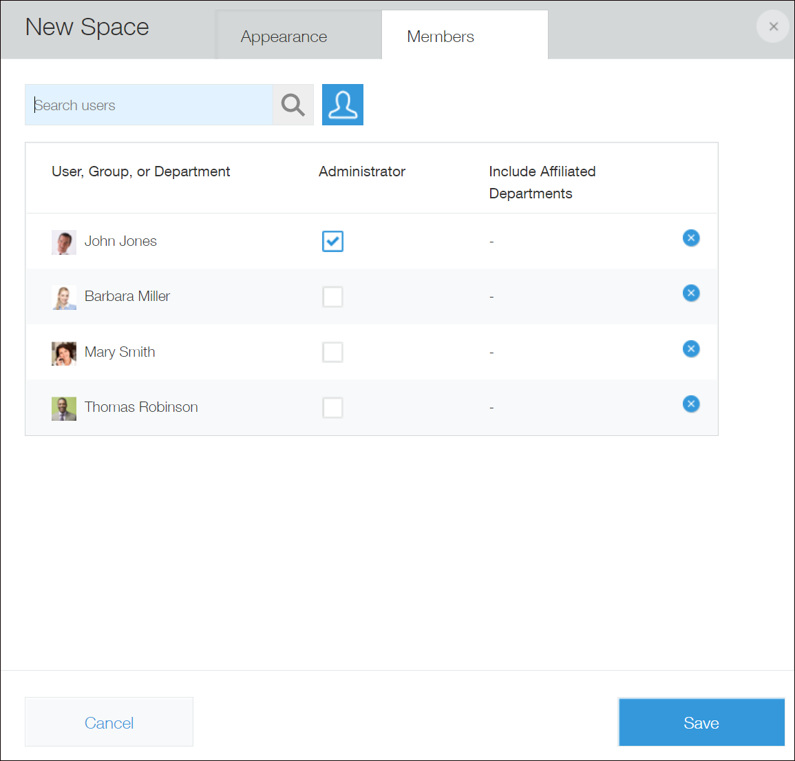 Screenshot: The "Members" tab on the "New space" dialog