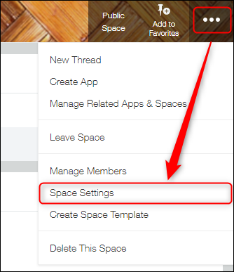 Screenshot: The "Options" icon at the upper right of a space screen and "Space settings" are highlighted