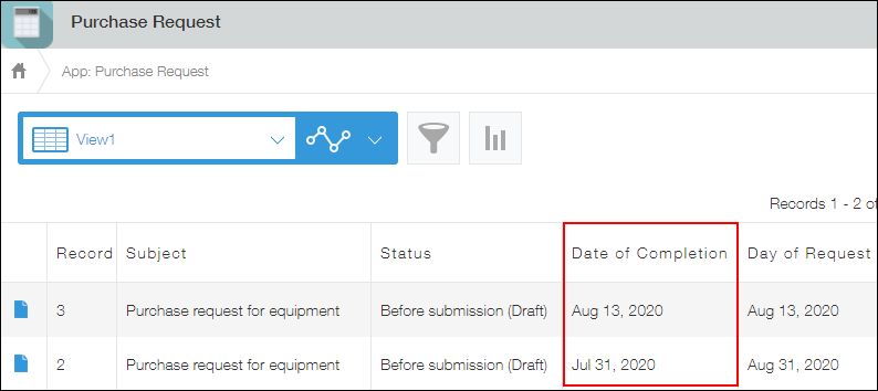 Screenshot: The "Date of completion" column on a "View" screen is outlined in red