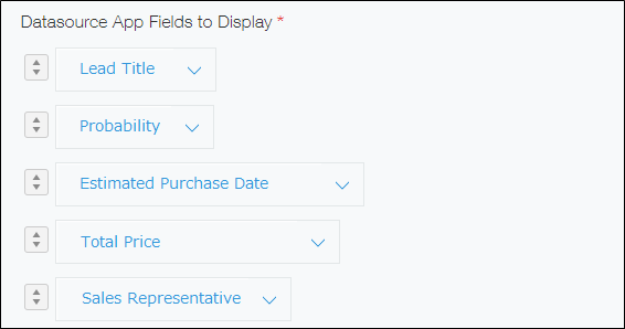 Screenshot: The "Datasource app fields to display" is configured