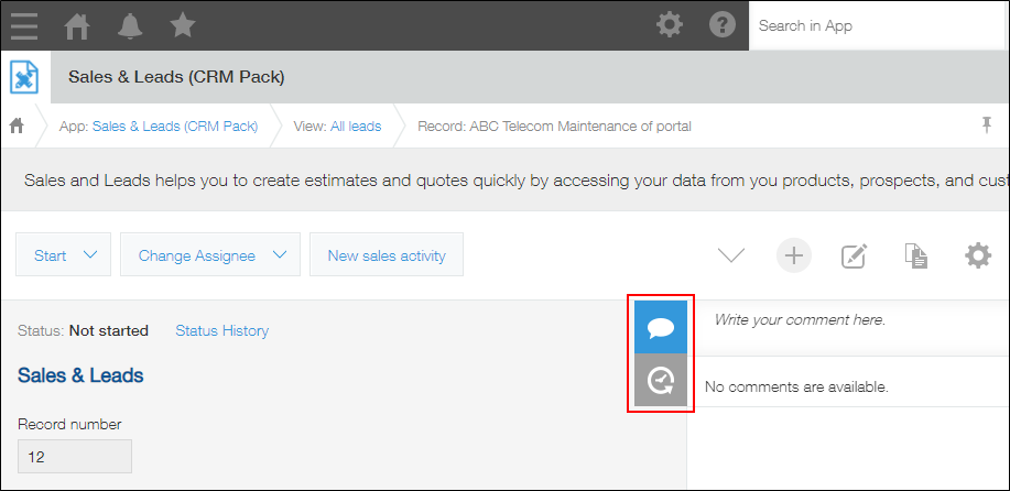 Screenshot: The "Comments" and "History" icons are highlighted on the "Record details" screen