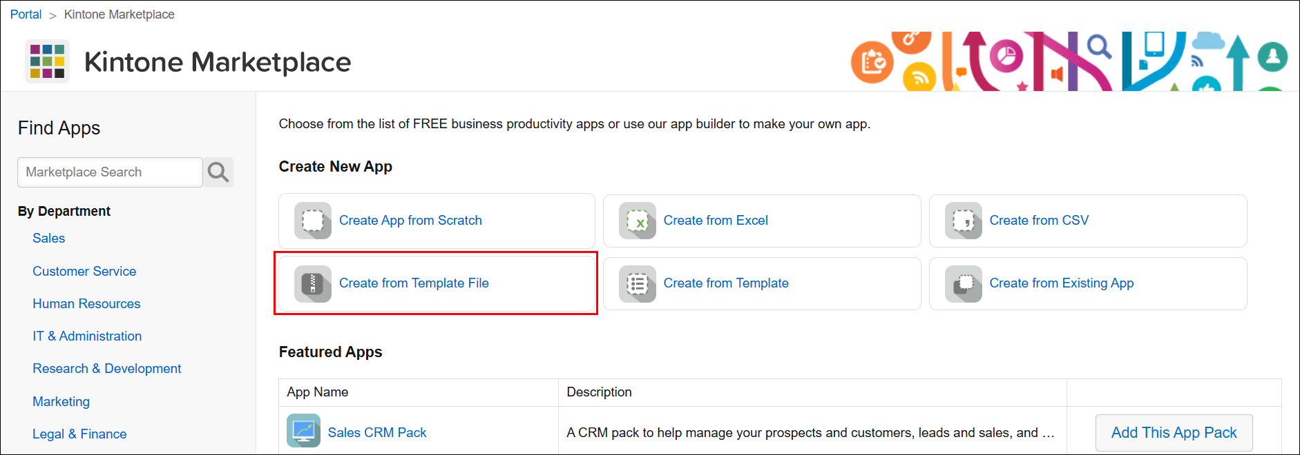 Screenshot: "Create from template file" is highlighted on the screen for creating an app