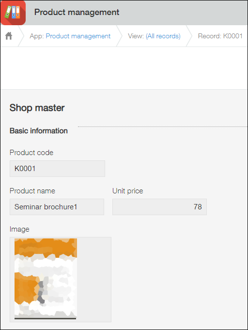 Screenshot: The "Record details" screen of a "Product management" app record
