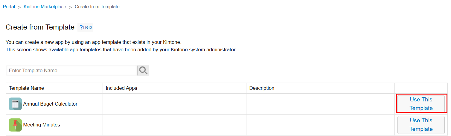 Screenshot: A list of apps added from templates are displayed