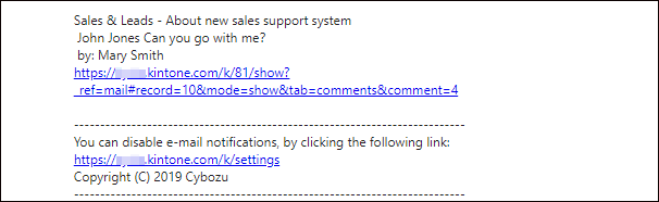 Screenshot: Example of an email notification when "Text format" is selected