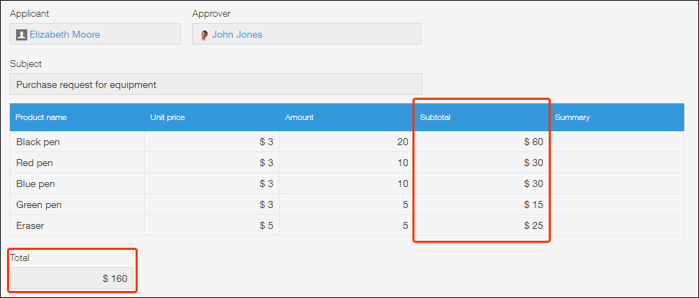 Screenshot: A record where the sum of values in the "Subtotal" field is calculated