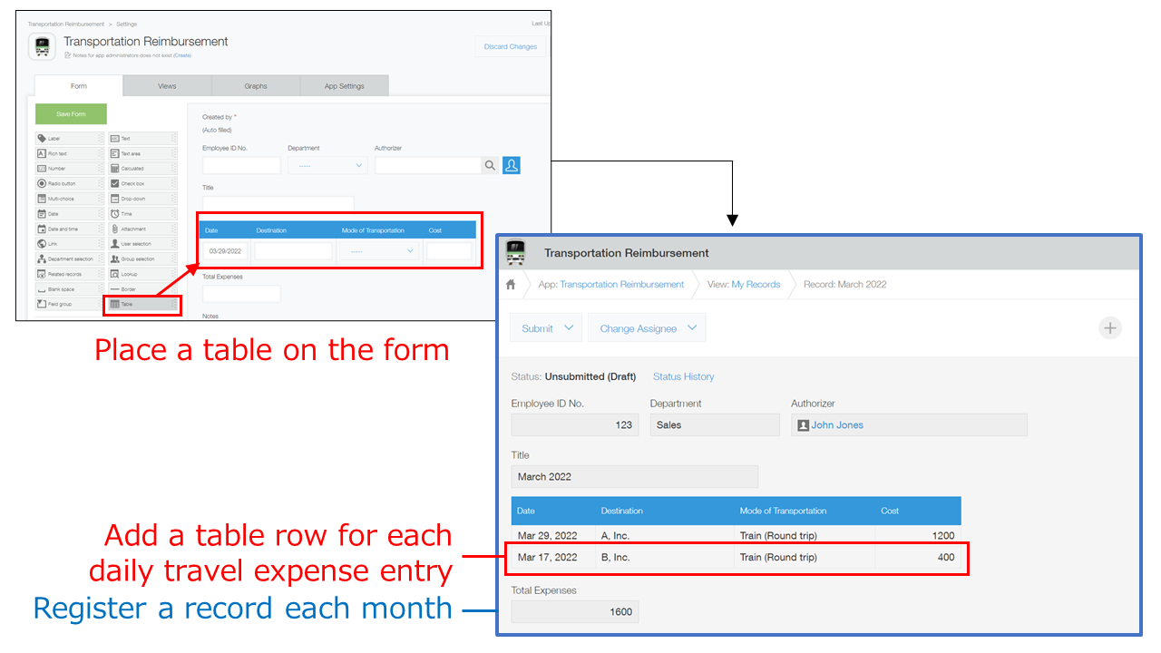 Screenshot: Placing a table