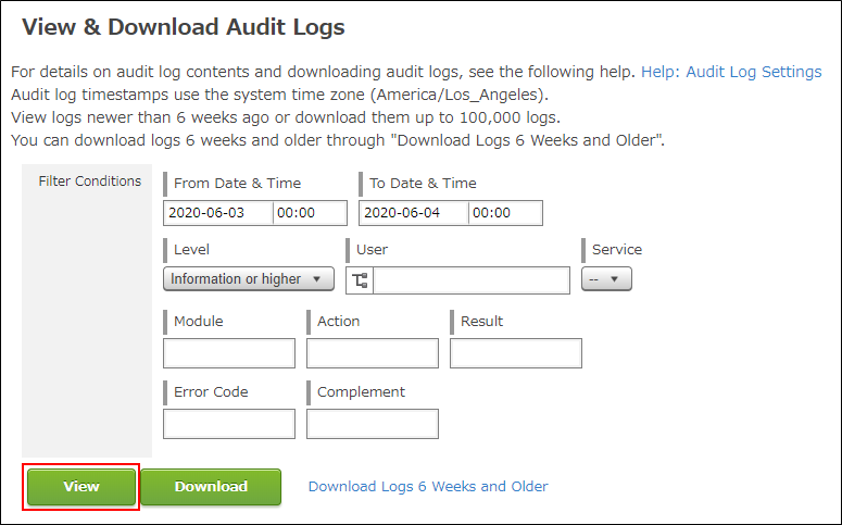 Screenshot: The "View & download audit logs" screen